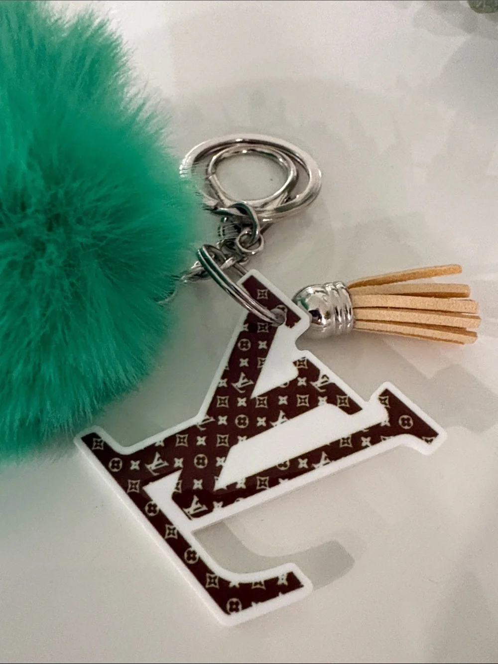Green Fur Pom Pom Key & Monogram Charm